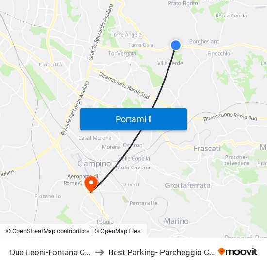 Due Leoni-Fontana Candida to Best Parking- Parcheggio Ciampino map