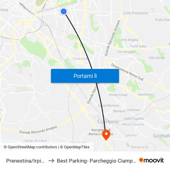 Prenestina/Irpinia to Best Parking- Parcheggio Ciampino map