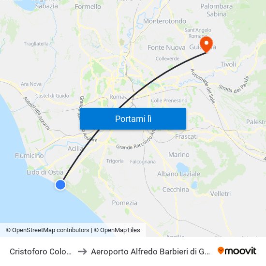 Cristoforo Colombo to Aeroporto Alfredo Barbieri di Guidonia map