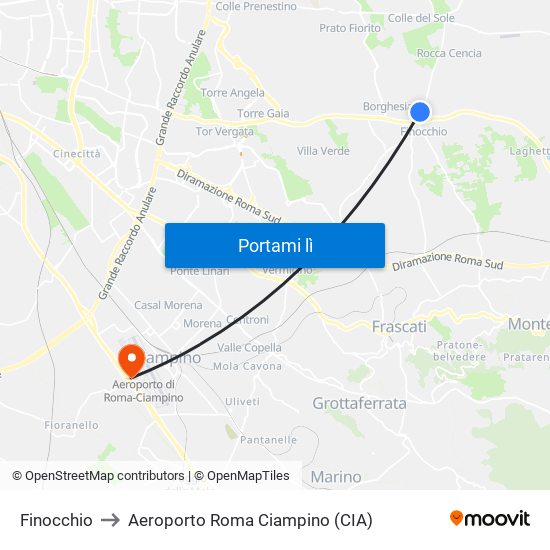 Finocchio to Aeroporto Roma Ciampino (CIA) map