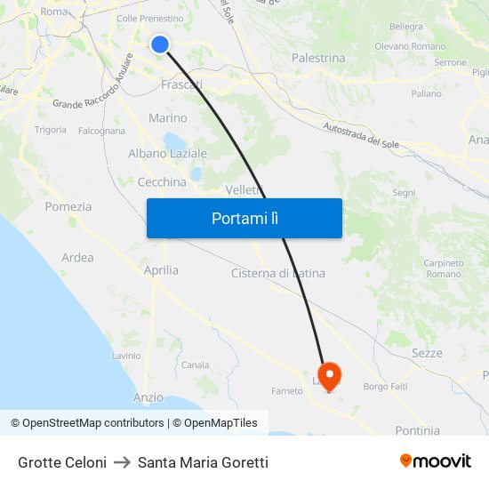 Grotte Celoni to Santa Maria Goretti map
