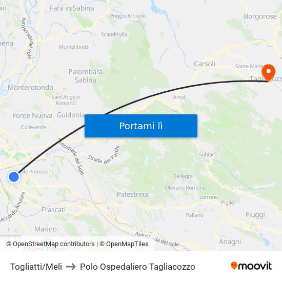 Togliatti/Meli to Polo Ospedaliero Tagliacozzo map