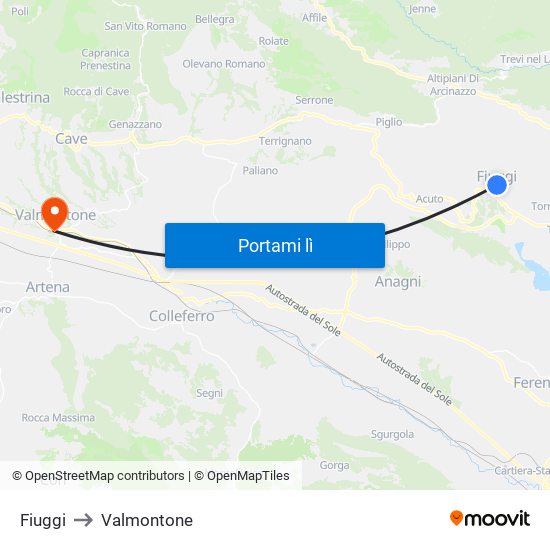 Fiuggi to Valmontone map