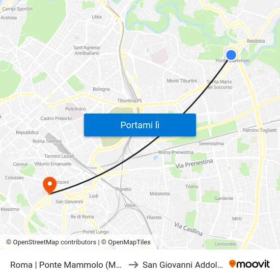Roma | Ponte Mammolo (Metro B) to San Giovanni Addolorata map