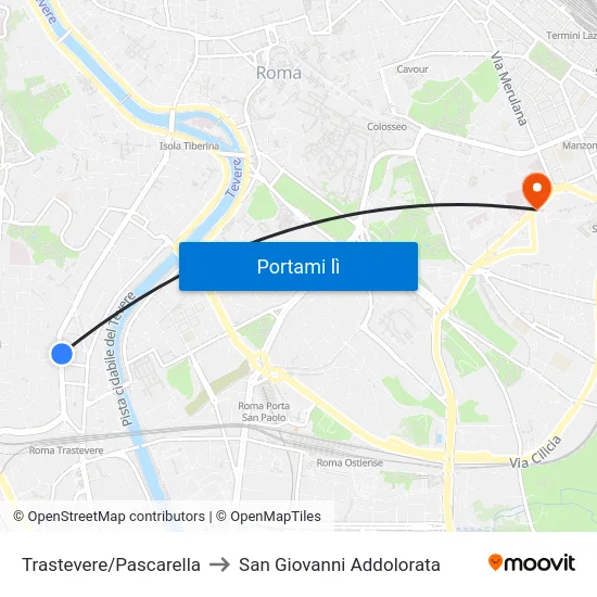 Trastevere/Pascarella to San Giovanni Addolorata map