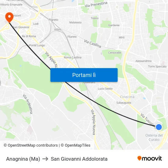 Anagnina (Ma) to San Giovanni Addolorata map