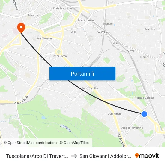 Tuscolana/Arco Di Travertino to San Giovanni Addolorata map