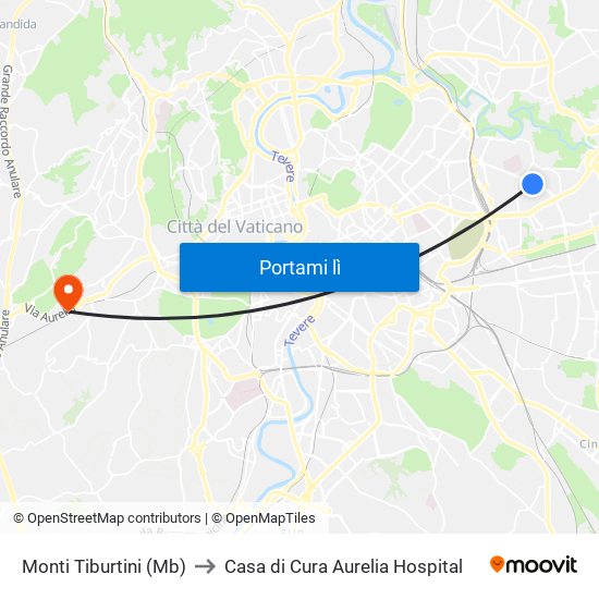 Monti Tiburtini (Mb) to Casa di Cura Aurelia Hospital map
