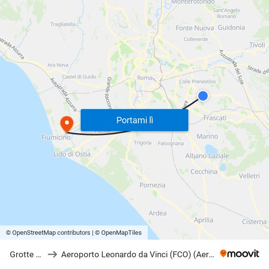 Grotte Celoni to Aeroporto Leonardo da Vinci (FCO) (Aeroporto di Fiumicino) map