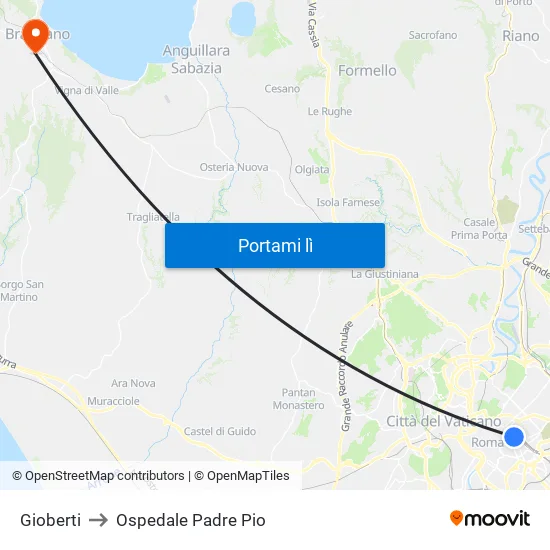 Gioberti to Ospedale Padre Pio map