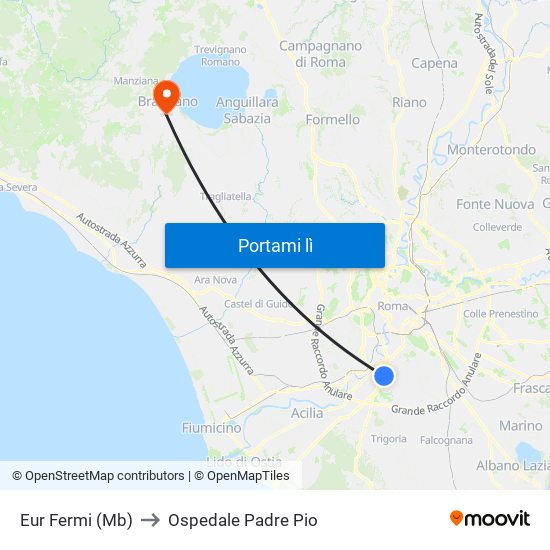 Eur Fermi (Mb) to Ospedale Padre Pio map