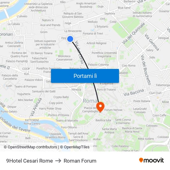 9Hotel Cesari Rome to Roman Forum map