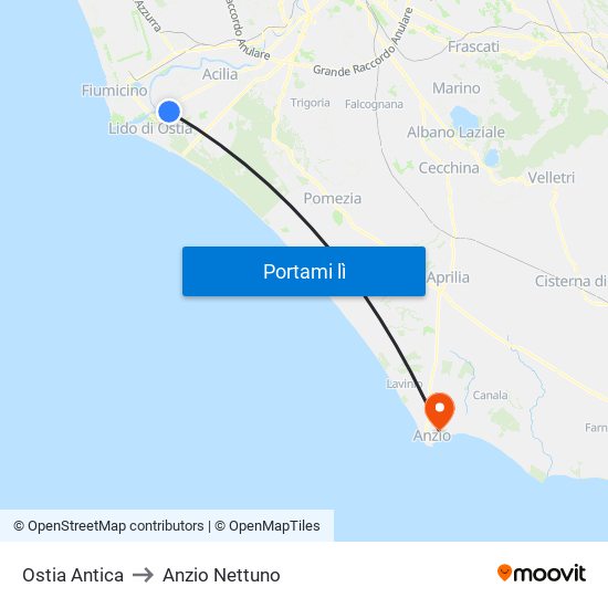 Ostia Antica to Anzio Nettuno map