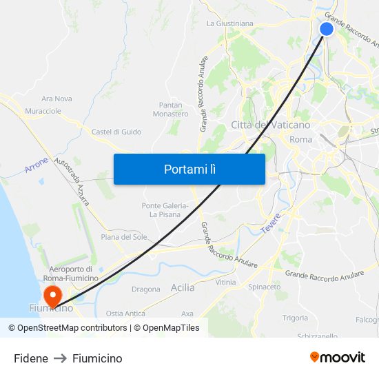 Fidene to Fiumicino map