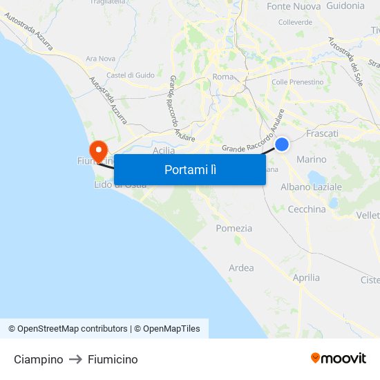 Ciampino to Fiumicino map