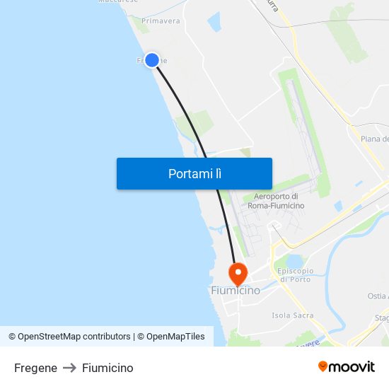 Fregene to Fiumicino map