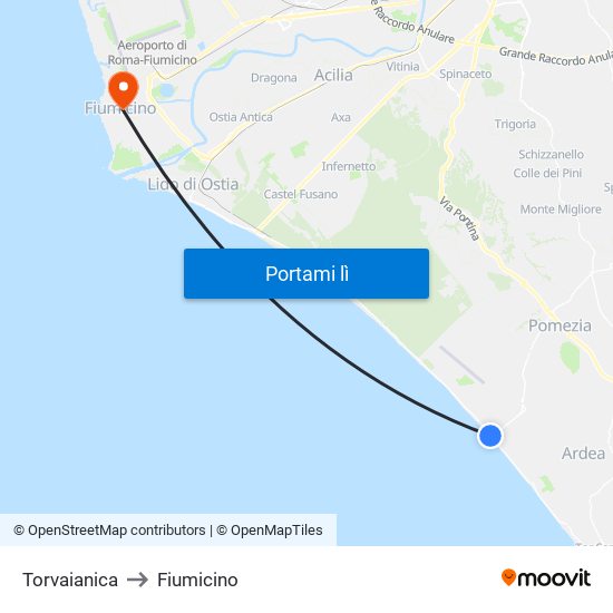 Torvaianica to Fiumicino map