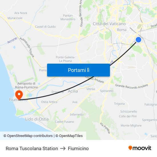 Roma Tuscolana Station to Fiumicino map
