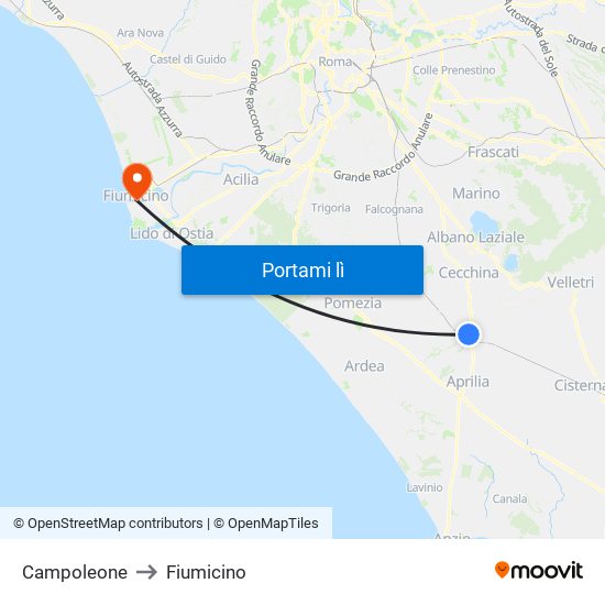 Campoleone to Fiumicino map