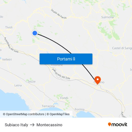 Subiaco Italy to Montecassino map