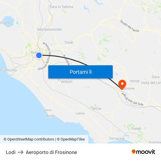 Lodi to Aeroporto di Frosinone map