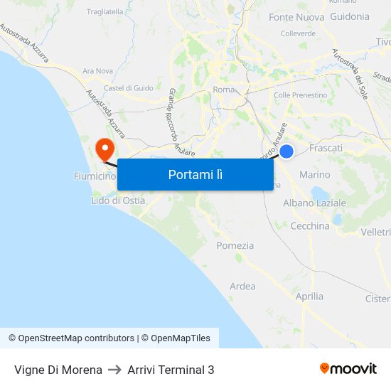 Vigne Di Morena to Arrivi Terminal 3 map
