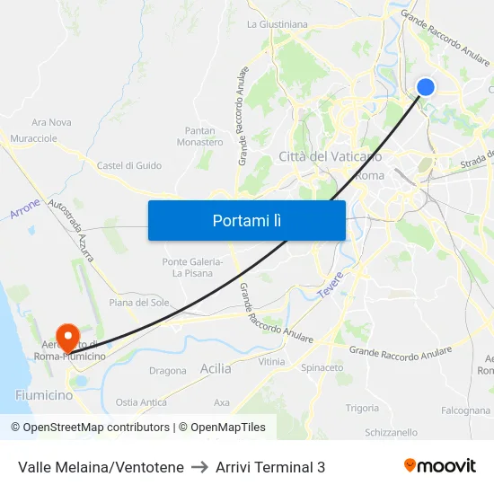 Valle Melaina/Ventotene to Arrivi Terminal 3 map