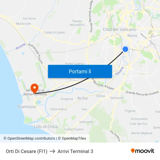 Orti Di Cesare (Fl1) to Arrivi Terminal 3 map
