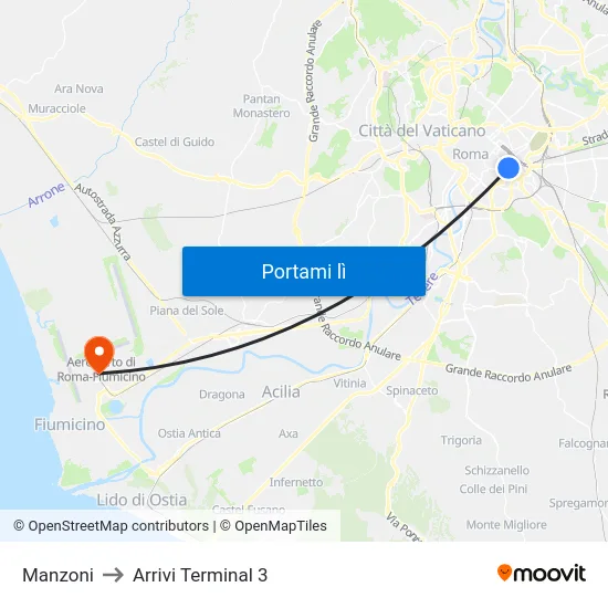 Manzoni to Arrivi Terminal 3 map