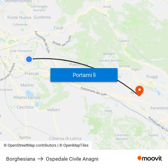 Borghesiana to Ospedale Civile Anagni map