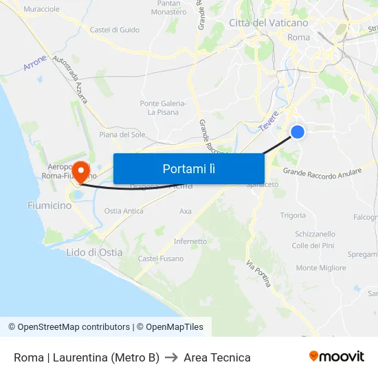 Roma | Laurentina (Metro B) to Area Tecnica map