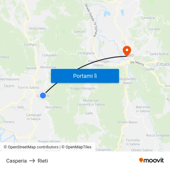 Casperia to Rieti map