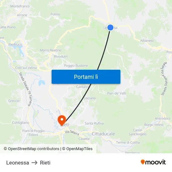 Leonessa to Rieti map