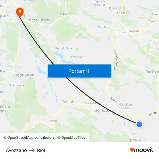 Avezzano to Rieti map