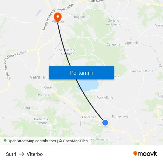 Sutri to Viterbo map