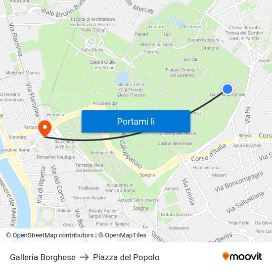 Galleria Borghese to Piazza del Popolo map