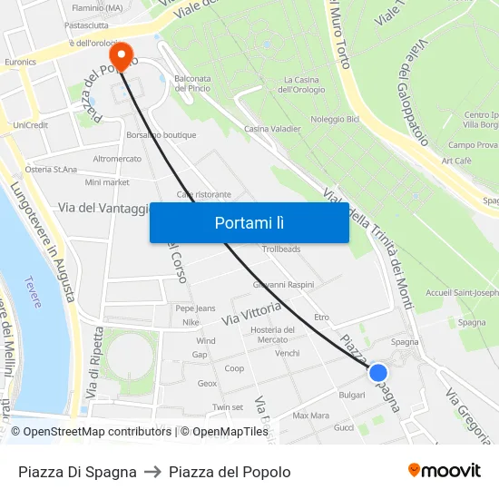 Piazza Di Spagna to Piazza del Popolo map