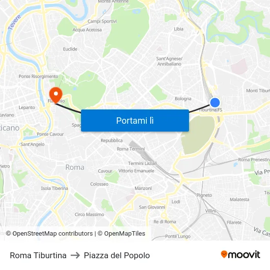 Roma Tiburtina to Piazza del Popolo map