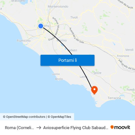 Roma (Cornelia) to Aviosuperficie Flying Club Sabaudia map