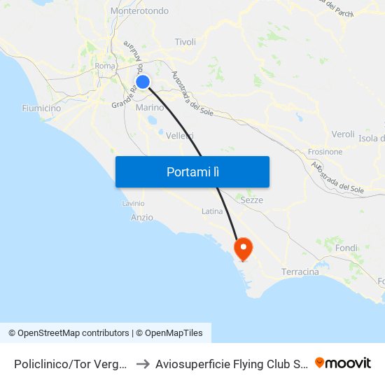 Policlinico/Tor Vergata (H) to Aviosuperficie Flying Club Sabaudia map