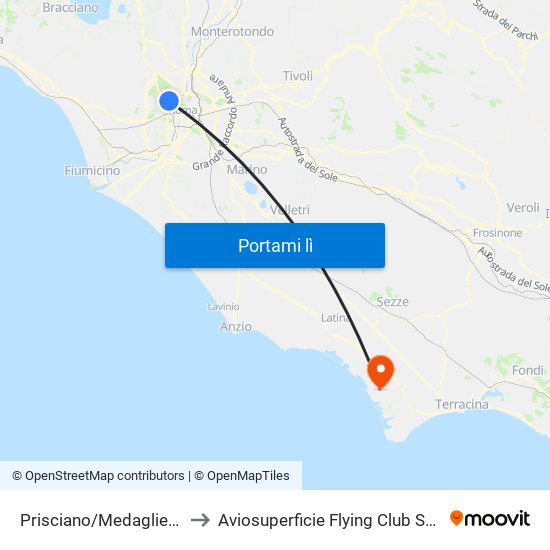 Prisciano/Medaglie D'Oro to Aviosuperficie Flying Club Sabaudia map