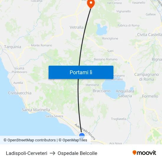 Ladispoli-Cerveteri to Ospedale Belcolle map