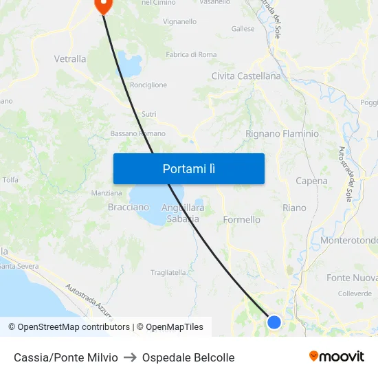 Cassia/Ponte Milvio to Ospedale Belcolle map
