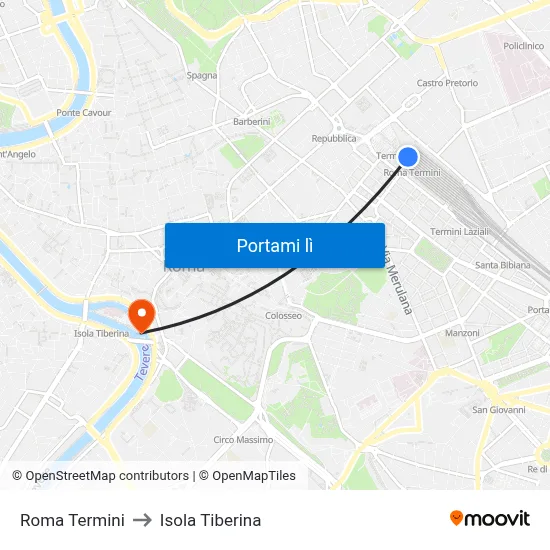 Roma Termini to Isola Tiberina map