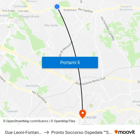 Due Leoni-Fontana Candida to Pronto Soccorso Ospedale ""San Sebastiano"" map