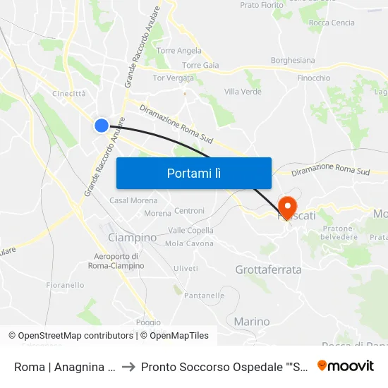 Roma | Anagnina (Metro A) to Pronto Soccorso Ospedale ""San Sebastiano"" map