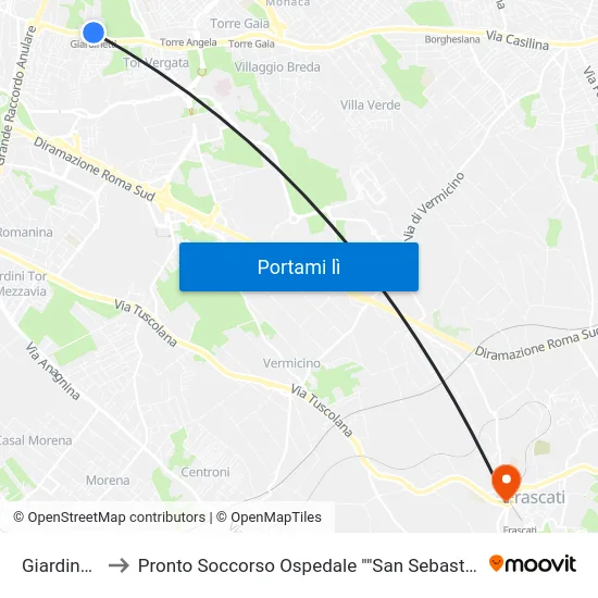 Giardinetti to Pronto Soccorso Ospedale ""San Sebastiano"" map