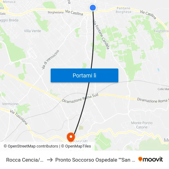 Rocca Cencia/Serrule to Pronto Soccorso Ospedale ""San Sebastiano"" map