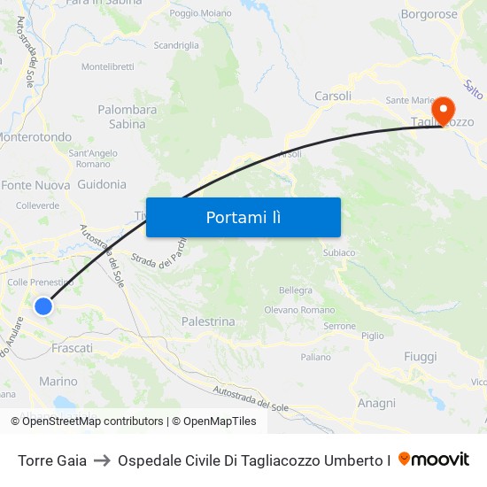 Torre Gaia to Ospedale Civile Di Tagliacozzo Umberto I map