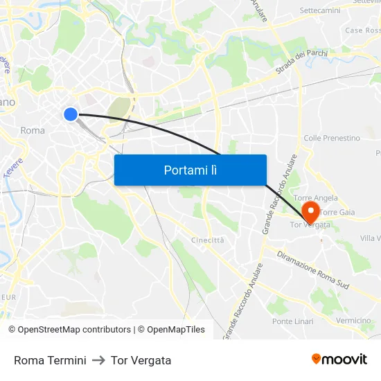 Roma Termini to Tor Vergata map